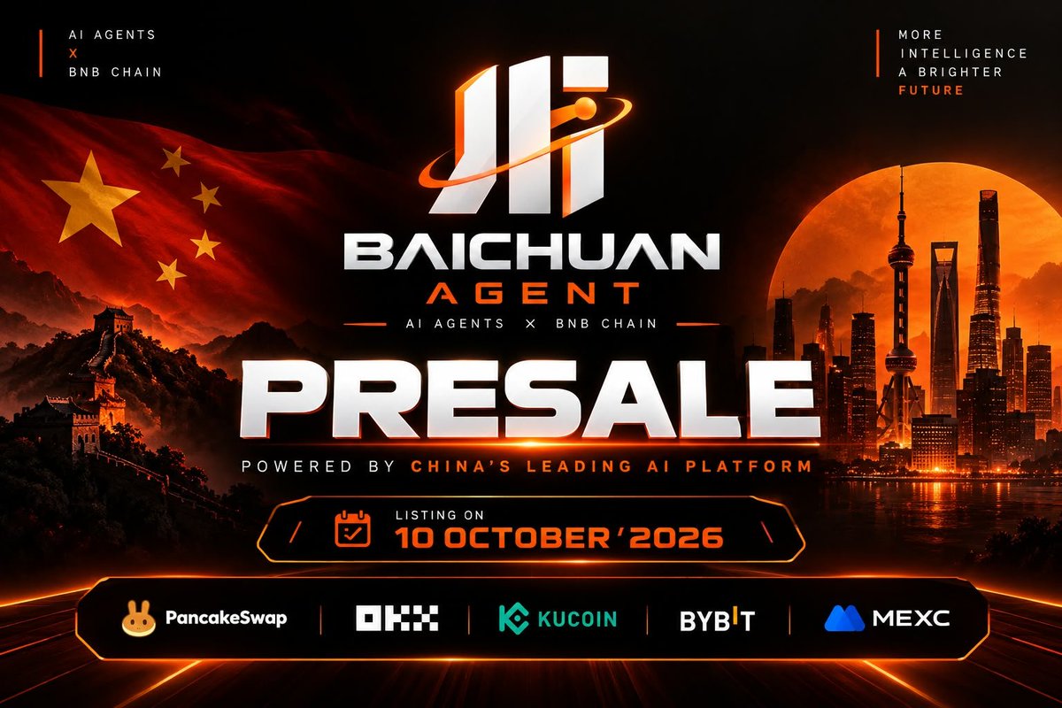 BaichuanAgent's tweet photo. $CHUAN ICO 预售现已正式开启！

请访问我们的官方预售链接：

🌐 https://t.co/lwy9OfwV58

或向以下地址发送至少 0.1 BNB ⬇️
0x0811D47f1f801DE368A5515a95a9CB95Cd2BEF4B

该代币将于 2026 年 10 月 10 日正式上线交易。

完成以下任务即可获得 750,000 枚 $CHUAN 代币：

✅ 点赞并转发
✅ 标记一位好友
✅ 留下您的 $BNB 地址