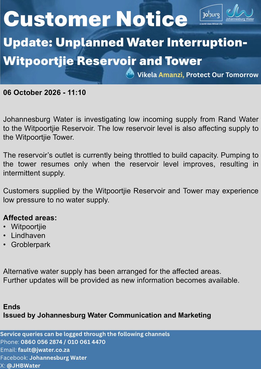 Official Johannesburg Water notice