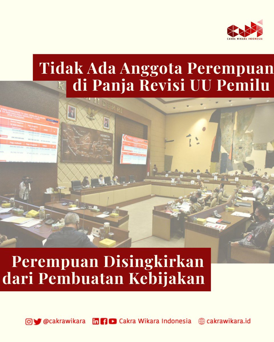CakraWikara's tweet photo. [Tidak Ada Anggota Perempuan di Panja Revisi UU Pemilu: Perempuan Disingkirkan dari Pembuatan Kebijakan]

Halo, Sobat CWI.
Panitia Kerja (Panja) Revisi UU Pemilu dibentuk tanpa melibatkan anggota legislatif perempuan sama sekali. 

#RevisiUUPemilu #LembarFakta #CWI https://t.co/NBIzjLJhFs
