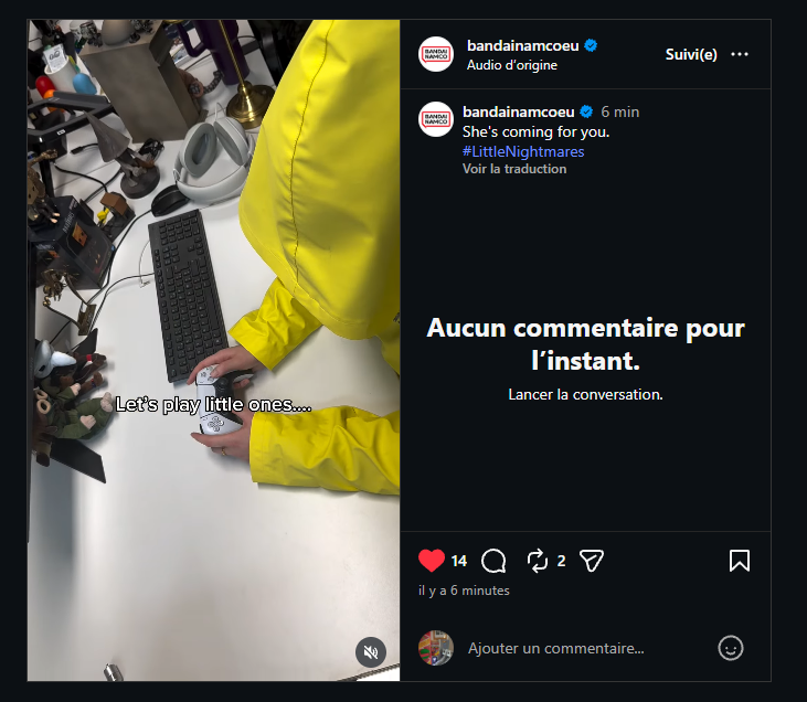 Gaboul69's tweet photo. Just saw that on the official account of @BandaiNamcoEU on Instagram, is an official Six coat coming soon on the shop ?? 👀
Or maybe just a LN team / dev team clothes like they already did, still intriguing tho...

Post link :
https://t.co/PQMtOtDZA9

#LittleNightmares https://t.co/gLuHR1nQ9W