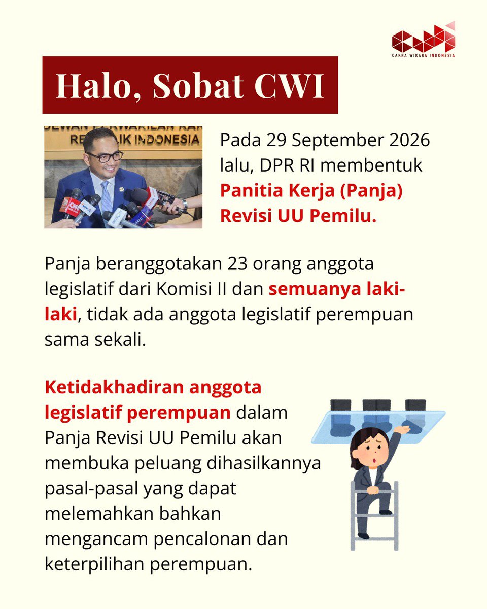 CakraWikara's tweet photo. Ini dapat membuka peluang dihasilkannya pasal-pasal yang dapat melemahkan bahkan mengancam pencalonan dan keterpilihan perempuan. Ketidakterlibatan ini menunjukkan perempuan disingkirkan dari pembuatan kebijakan. https://t.co/ndIaP1epGm
