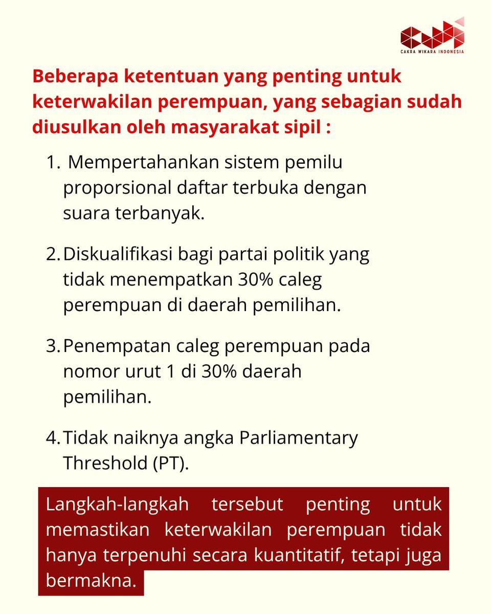 CakraWikara's tweet photo. Ini dapat membuka peluang dihasilkannya pasal-pasal yang dapat melemahkan bahkan mengancam pencalonan dan keterpilihan perempuan. Ketidakterlibatan ini menunjukkan perempuan disingkirkan dari pembuatan kebijakan. https://t.co/ndIaP1epGm