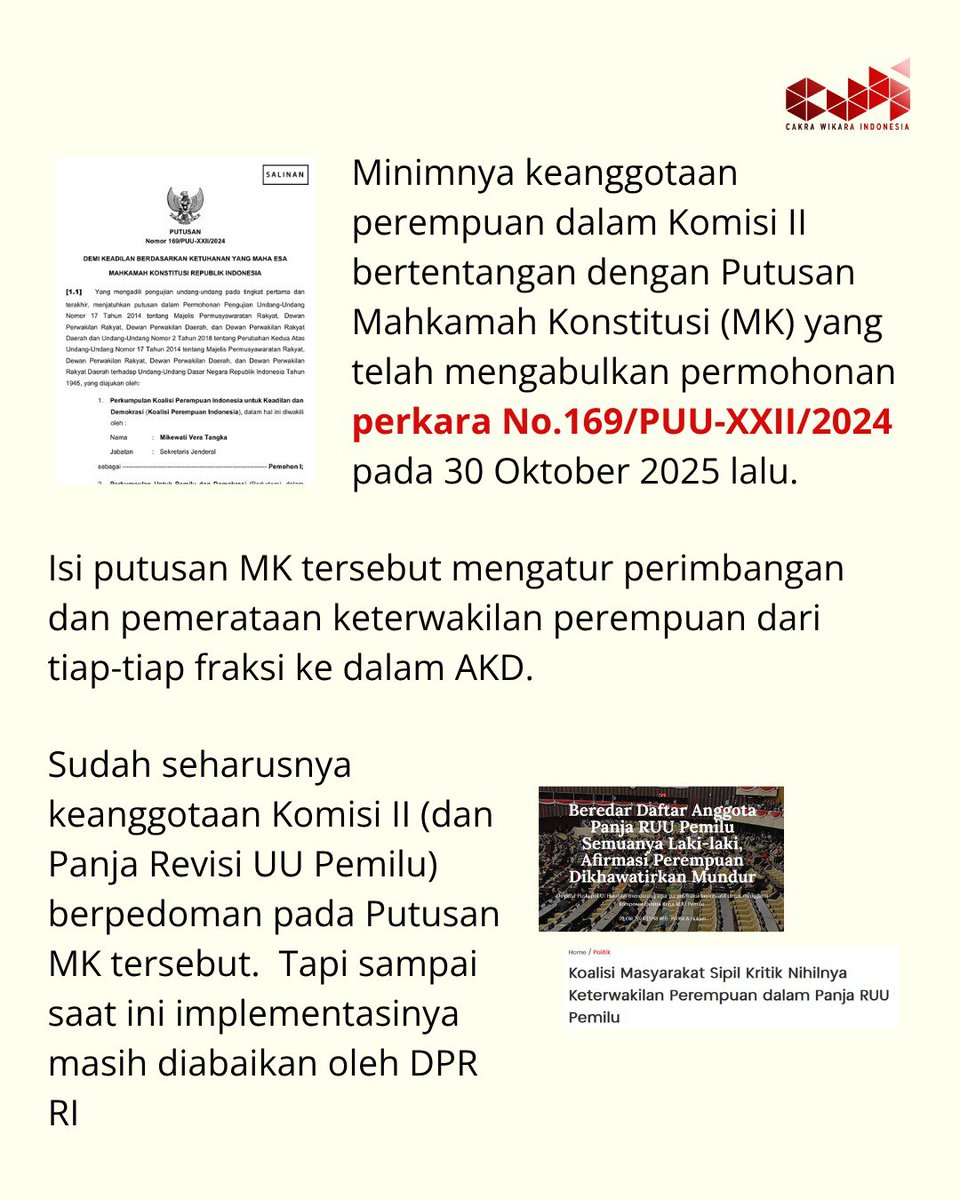 CakraWikara's tweet photo. Penguatan keterwakilan perempuan penting untuk mewujudkan kerja-kerja legislatif yang lebih substansif dan berpihak. https://t.co/JqhEPkwHKa