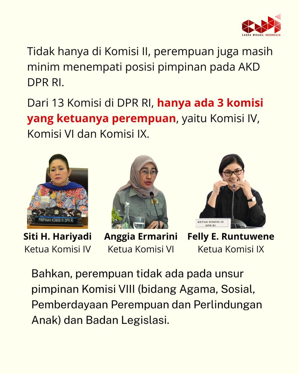 CakraWikara's tweet photo. Penguatan keterwakilan perempuan penting untuk mewujudkan kerja-kerja legislatif yang lebih substansif dan berpihak. https://t.co/JqhEPkwHKa