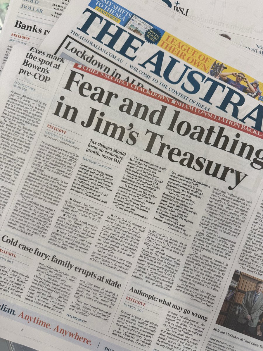 GeoffWilsonWAM's tweet photo. Exceptional work @mcranston1 You has done all Australians a service. When Treasury’s answer to a rotten budget is an order to dob in anyone who might leak it, the policy cannot survive daylight.
Sham consultation. Weeks, not months, on the biggest capital-gains changes in a generation. Fifty-plus staff and leadership changes since Budget night. The IMF ( @IMFNews ) warning growth is being sacrificed for redistribution. @cpaaustralia putting the trust changes alone at $2.8bn in compliance costs.
Productivity at 60-year lows. Tax take at a record. And @JEChalmers ’ department more worried about who talked than about what the tax does to all Australians. The impact on jobs, investment, productivity, ambition and aspirations.
This budget is economic vandalism. Wake up @AlboMP . It needed to be leaked. It needed to be exposed. Credit to @mcranston1 and everyone at Treasury who stood up for the Australian way of life 🙏 #StoptheCGTtoGetAhead #JoinWARonCGT