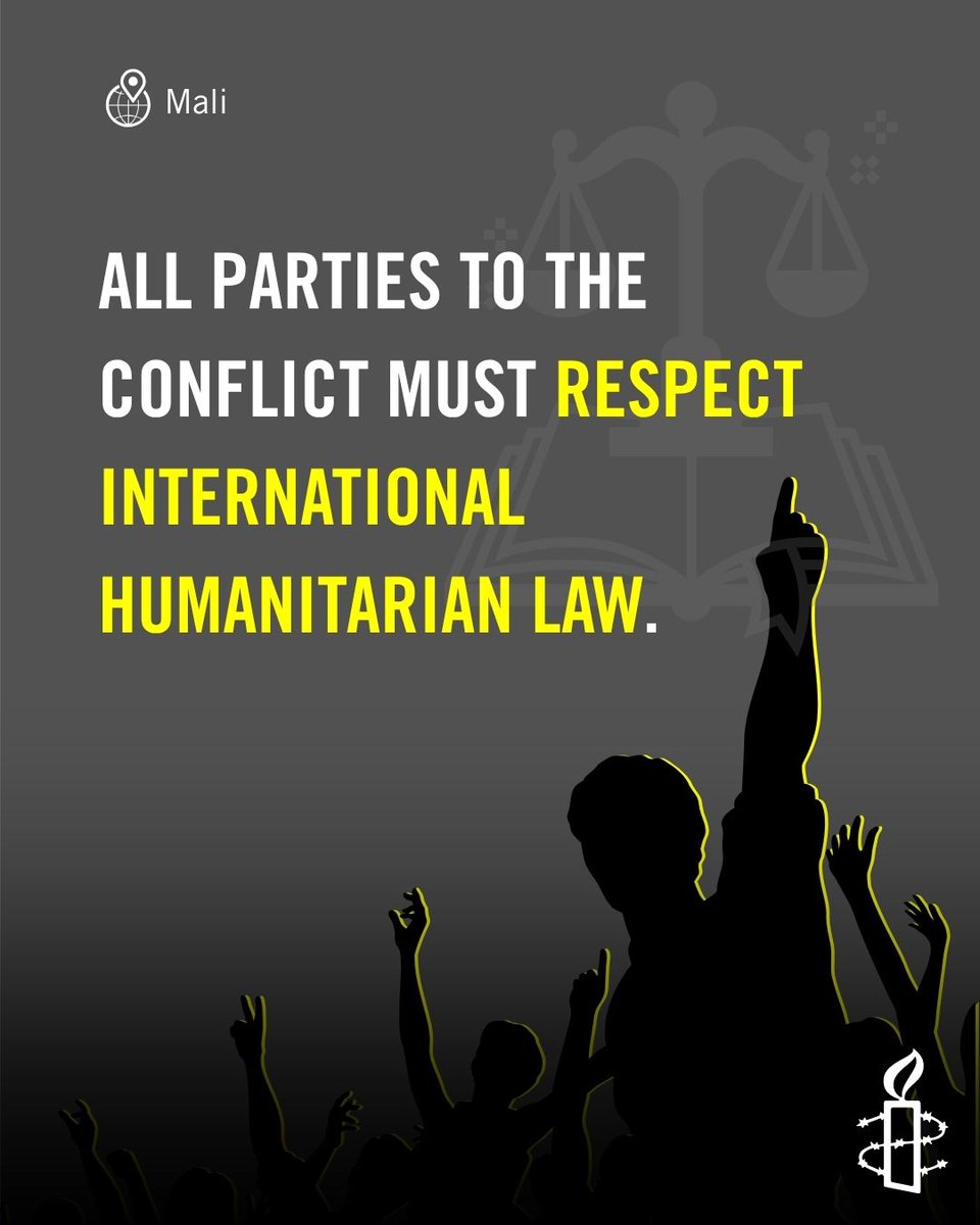 AmnestyWARO's tweet photo. All parties to the conflict must protect civilians from violence.

Armed groups must end sieges that unlawfully deprive civilian populations of access to food, healthcare, water, and other goods and services essential to their survival. They must also guarantee civilians' freedom of movement.

Learn more: https://t.co/IzMgCNJEi7

#Mali #HumanRights #ProtectCiviliansInMali #MaliNoOneIsSpared