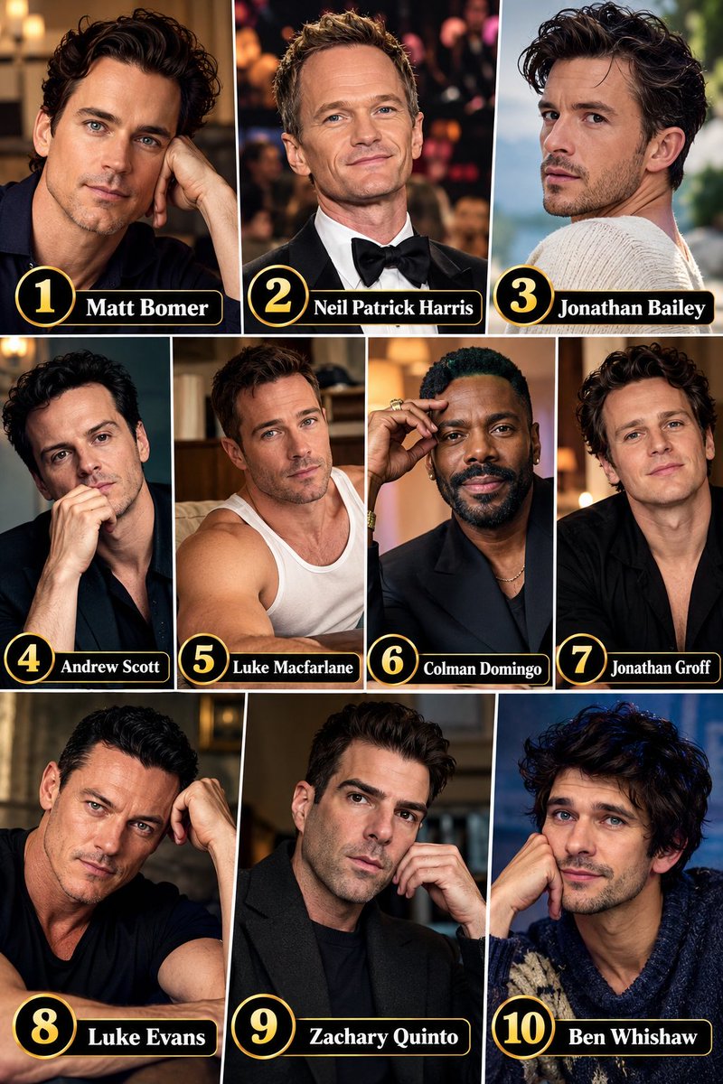 Francoballer1's tweet photo. Top openly gay male actors who are widely loved by fans, here’s a strong Top 10 based on popularity, cultural impact, memorable roles, and fan affection—not an official ranking. 

Who is actually #1 For you ?

Top 10 Most Loved Gay Actors

1)Matt Bomer — White Collar, Fellow Travelers, The Normal Heart
A huge fan favorite whose combination of talent, looks and emotional performances makes him one of the most beloved.

2)Neil Patrick Harris — How I Met Your Mother, Gone Girl
Barney Stinson turned him into a global superstar, while his career beyond the show cemented his status.

3)Jonathan Bailey — Bridgerton, Fellow Travelers, Wicked
One of the biggest modern gay male stars, with an enormous international fanbase.

4)Andrew Scott — Fleabag, All of Us Strangers, Sherlock
His emotional performances—especially in Fleabag and All of Us Strangers—have made him a massive fan favorite. His 2026 career momentum is also enormous. 

5)Luke Macfarlane — Bros, Brothers & Sisters
A longtime LGBTQ+ fan favorite, particularly for his romantic leading-man roles.

6)Colman Domingo — Rustin, Euphoria, Fear the Walking Dead
One of the most respected openly gay actors of his generation, known for powerful and versatile performances.

7)Jonathan Groff — Glee, Mindhunter, Looking
Loved for his theater work as well as his unforgettable screen performances.

8)Luke Evans — Beauty and the Beast, Dracula Untold
His blockbuster career and openly gay public profile have made him especially recognizable to mainstream audiences.

9)Zachary Quinto — Star Trek, Heroes, American Horror Story
A major franchise star with a strong LGBTQ+ fanbase.

10)Ben Whishaw — James Bond, Paddington, It's a Sin
A critically acclaimed actor whose understated performances have earned him a particularly loyal following.