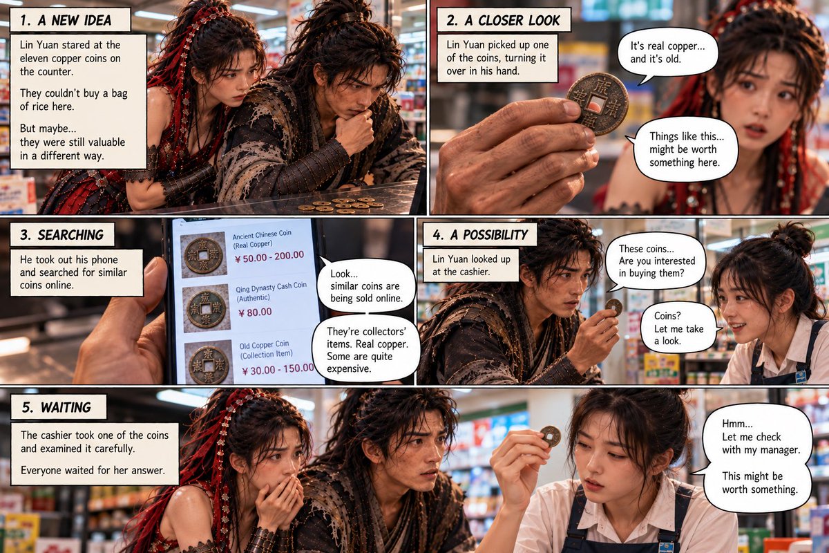 NightSignal1987's tweet photo. Eleven copper coins couldn't buy a single bag of rice.

I stared at them for a long moment.

Then a thought hit me.

“Qingyao.”

“What?”

“These coins are worthless here as money.”

She frowned.

I picked one up.

“But that doesn't mean they're worthless.”

The cashier tilted her head.

I pointed at the coin, then at her phone.

After a few confused gestures, she finally understood.

She searched for something.

A moment later, her smile disappeared.

She looked at the coin again.

Then at us.

“Wait... where did you get this?”

I didn't understand every word.

But I understood her expression.

For the first time since entering this world, I smiled.

Maybe we weren't broke after all.

EP.14 — Worthless Money

#Fantasy #Cultivation #PortalFantasy #WebFiction