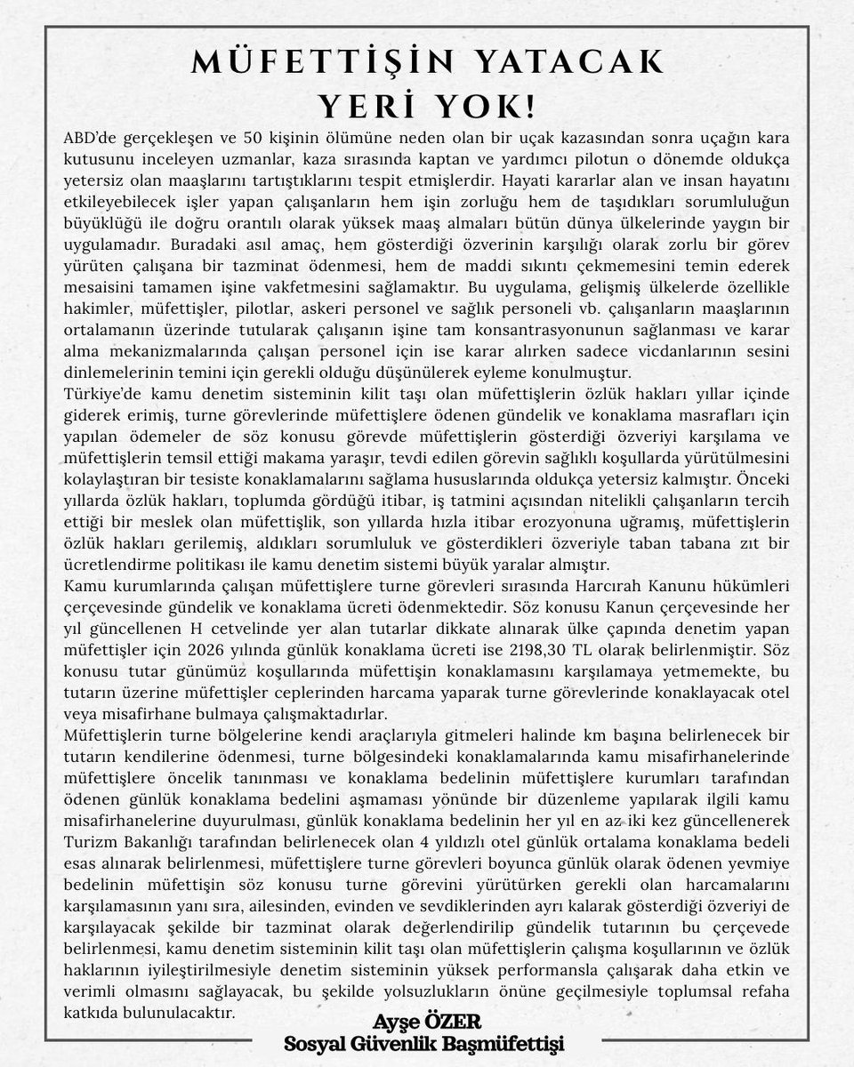 eczayseozer's tweet photo. Müfettişlerin şehir dışı görevlerinde aldıkları harcırah ve konaklama ücretlerinin yetersiz olduğu hususu defalarca basında ve sosyal medyada dile getirilmiş, bu husustaki talepler muhataplarımıza defalarca iletilmesine rağmen sonuç alınamamıştır. Devletin müfettişi, gittiği görev yerinde kalacak yer bulamamaktadır. Sürekli kendi cebinden harcama yaparak devletin verdiği görevi tamamlamaya çalışmaktadır. 
@edipuzen