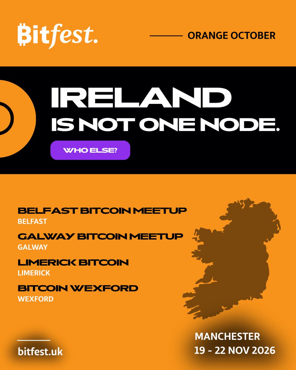 Bitfestuk's tweet photo. Belfast. Galway. Limerick. Wexford. ๐
Belfast Bitcoin Meetup. Galway Bitcoin Meetup. Limerick Bitcoin. Bitcoin Wexford. Bitcoin Network Ireland.
Bitcoin IRL crosses borders rather well.
Who else should we know about?
#OrangeOctoberBTC https://t.co/Pty0ZR04DX