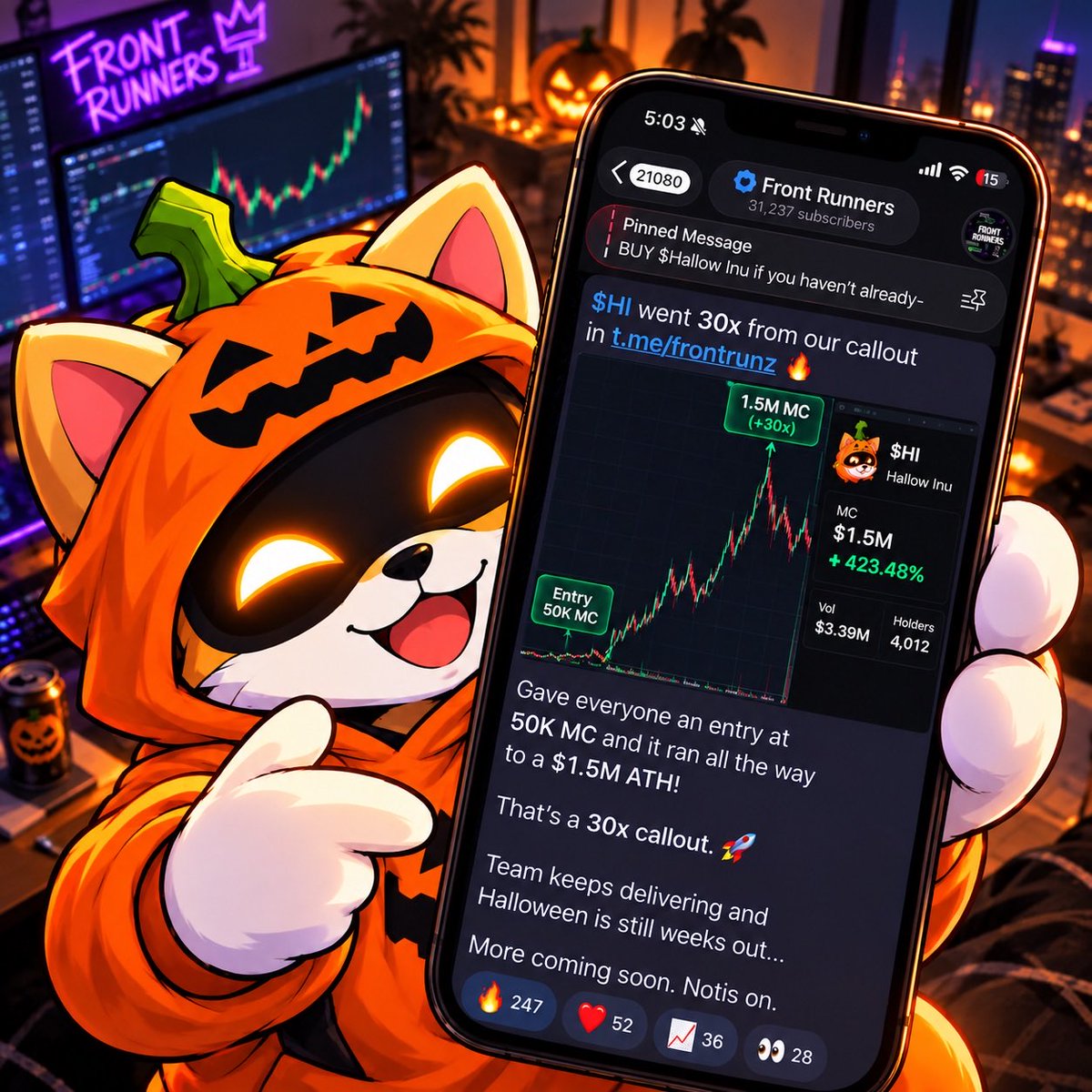 HallowInuX's tweet photo. solana:6iAj2oywQMiD9NeyTcW1S7UtG7e3jSK7Ud5ZJDqJpump went 30x from callout in the Front Runners group!

If you invested only 10 thousand dollars off launch that would have been worth over 300k at the peak.

Don’t miss the next one… https://t.co/JGvCoAN3HY