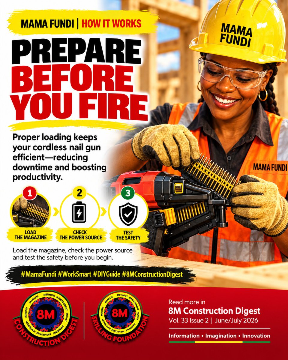 8MDigestLtd's tweet photo. PREPARE  BEFORE YOU FIRE.

 Load correctly. Check the power. Test the safety.
 Good workmanship begins before the first nail is driven. https://t.co/OpUcfeft21
#MamaFundi #WorkSmart #DIYGuide #8MConstructionDigest https://t.co/zdu0hI5Qhs