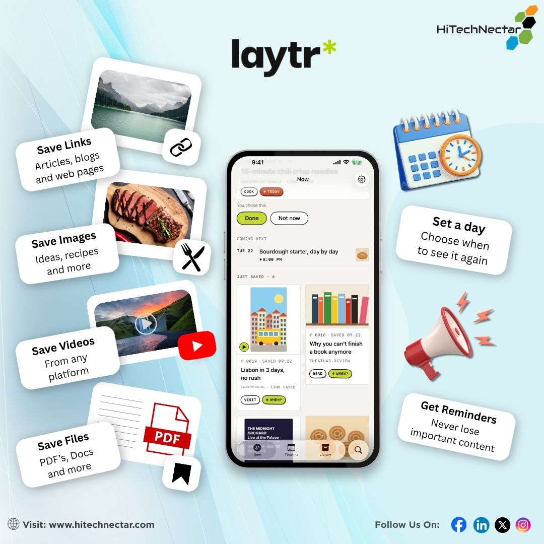 hitechnectar's tweet photo. Save content and get reminded to revisit it
Ever save an article, recipe, video, or file and then forget about it? Laytr helps you keep your favorite content in one place and set reminders to revisit it when it matters.
Save it now. Come back to it later.
#Laytr #HiTechNectar https://t.co/O0DtHHcQ13