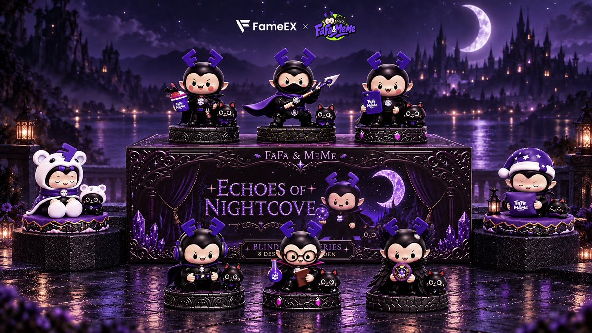 itsfafameme's tweet photo. 😈 FameEX @FameEXGlobal x FaFa&MeMe, Echoes of Nightcove, is officially here 🎁

🦇 FaFa is a little vampire devil. On the road he sees what just happened, sorts what he already knows, and leaves room for what hasn’t arrived.
🐱 MeMe is a round black cat. She doesn’t warn by getting loud. When her intuition is right, the future hasn’t unfolded yet, and she has already paused.
🤝 Loyal partners. Not an owner and a pet. Not a hero and a sidekick. They can help you see the road ahead. Whether you take it is still your call.

🎁 So this season’s blind box is 8+1.
8 regulars, eight states on one long mission. Different setting. Different ability. Different growth.
✨ 1 secret, the page this season hasn’t named yet.
📦 What you open tonight is the chapter you turn to.

💜 FameEX put the work it already does into this collab: professionalism, security, invention, not left as a slogan. When users around the world look at crypto and Web3, there can be a character in their hands willing to stay through the night.

🌙 Every journey deserves a companion. Every night has a story.

#itsfafameme #FaFaAndMeMe #FameEX #blindbox #EchoesOfNightcove #Nightcove #Web3