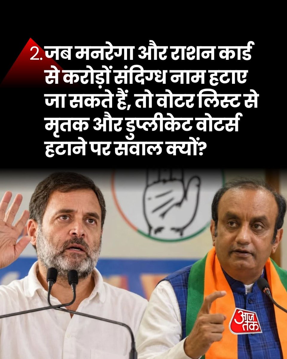 aajtak's tweet photo. सुधांशु त्रिवेदी ने कांग्रेस से पूछे 5 सवाल, वोटर लिस्ट और चुनावी प्रक्रिया को लेकर उठाए सवाल। मृतक और डुप्लीकेट वोटर्स को हटाने से लेकर कांग्रेस के पुराने बयानों और राहुल गांधी के चुनाव प्रचार तक, त्रिवेदी ने कांग्रेस स�� जवाब मांगा।

#SudhanshuTrivedi #Congress #RahulGandhi #VoterList #AajTakSocial #ATCard