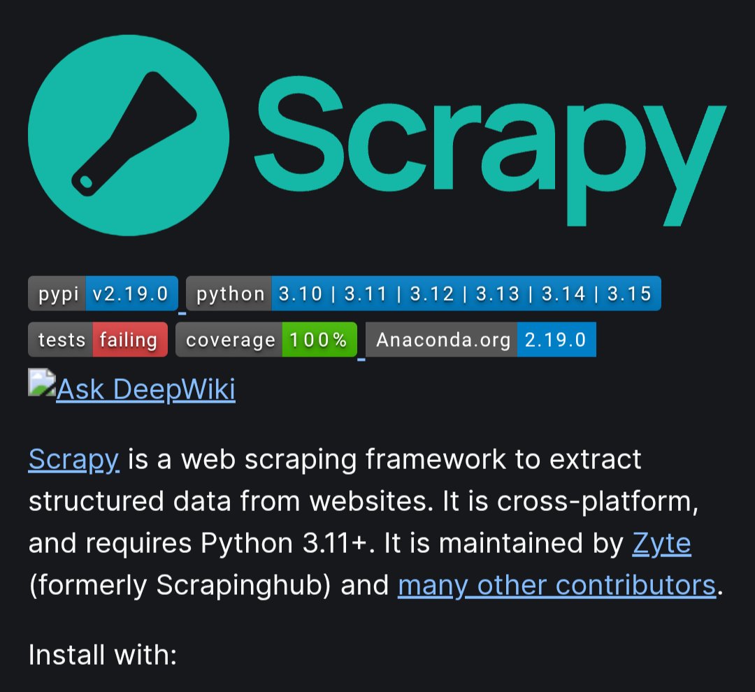 DivyanshT91162's tweet photo. 10 GITHUB REPOS THAT MAKE WEB SCRAPING LOOK ILLEGAL.

1. Crawlee — build serious web crawlers with ease.
   Handle browser automation, proxies, retries, queues and large-scale scraping workflows.

https://t.co/H18rK9fETH

2. Scrapy — the classic scraping powerhouse.
   Build fast, scalable crawlers that can extract structured data from thousands of pages.

https://t.co/dYU5UOfxJ9

3. Playwright — scrape websites like a real browser.
   Perfect for JavaScript-heavy sites where simple HTTP requests aren't enough.

https://t.co/nFgIKuQC7M

4. Beautiful Soup — the beginner-friendly HTML weapon.
   Parse web pages and pull out the exact data you need with surprisingly little code.

https://t.co/MCHw8d9wt6

5. Firecrawl — turn websites into AI-ready data.
   Crawl pages and convert messy web content into clean Markdown and structured information.

https://t.co/onZ9Vi2dsn

6. Crawl4AI — open-source crawling built for LLMs.
   Turn websites into clean, structured content that can directly feed AI pipelines and RAG systems.

https://t.co/NiBk4Rak8O

7. ScrapeGraphAI — scraping with LLMs.
   Describe what data you want in natural language and let AI build the extraction pipeline.

https://t.co/mUoHg20frD

8. Colly — blazing-fast Go web scraping.
   A lightweight crawler framework for developers who want speed and concurrency.

https://t.co/rBWQX4RSuq

9. trafilatura — extract the useful stuff from web pages.
   Pull clean main text and metadata from noisy websites without keeping all the junk.

https://t.co/lzMUYlqA1M

10. Newspaper4k — extract articles automatically.
    Give it a news URL and extract useful article content, metadata and related information.

https://t.co/f4GKJvzCid

All are open-source.

Bookmark this. The web is full of data — you just need the right scraper.