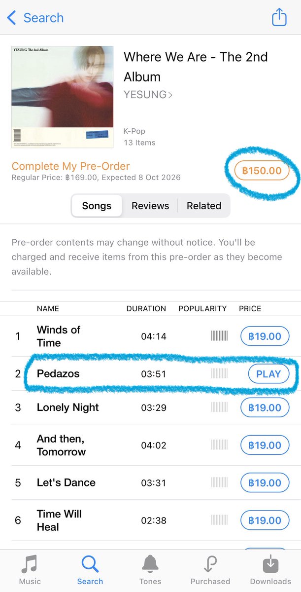 yesungthailand's tweet photo. *สำคัญ* 

เพื่อน ๆ ที่ใช้ iOS มาช่วยกันซัพพอร์ตได้นะคะ บน iTunes ให้กดเพลง Pedazos ก่อนแล้ขค่อยกดซื้ออัลบั้ม เพื่อให้เข้าทั้งชาร์ต Song + Album (ค่าใช้จ่ายไม่เพิ่ม)

เพลงละ 19฿ ทั้งอัลบั้มเหลือ 169฿ แถม Digital Booklet 

กด 1 เพลงก่อน 19฿ แล้วทั้งอัลบั้มจะลดมาเหลือ 150฿ ให้เลยค่ะ https://t.co/Y7T1DpZToi