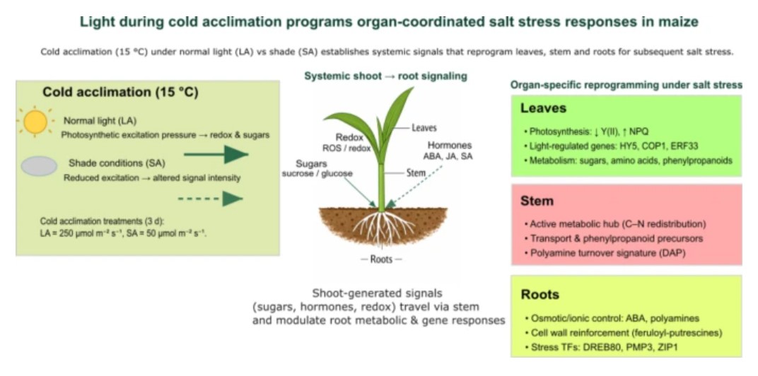 PlantCellRep's tweet photo. NEW ONLINE: Light-defined cold acclimation reprograms organ-specific metabolic and transcriptional landscapes for salt stress responses in maize https://t.co/dYqC4q4YVF https://t.co/SrNNG5YHFV