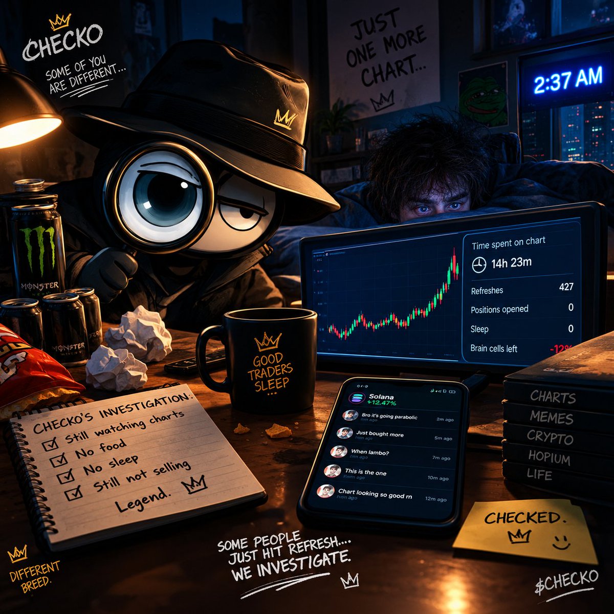 CHECKO_SOL's tweet photo. CHECKO investigation #001 🕵️

Subject has been staring at the same chart for 14 hours.

Findings:

• 427 refreshes
• 0 hours of sleep
• 0 trades
• 0 brain cells remaining

Still refuses to close the chart.

Different breed.

$CHECKO https://t.co/w7l2qB2nML