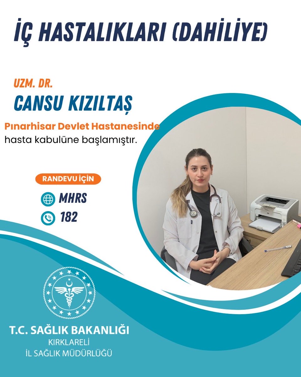 PinarhisarDhs's tweet photo. Dahiliye Uzmanımız Hasta Kabulüne Başladı

Uzm. Dr. Cansu KIZILTAŞ , Pınarhisar Devlet Hastanemizde hasta kabulüne başlamıştır.

Yeni görevinde kendisine başarılar diliyor, hastanemize ve vatandaşlarımıza hayırlı olmasını temenni ediyoruz. https://t.co/TA7MyBUcBR