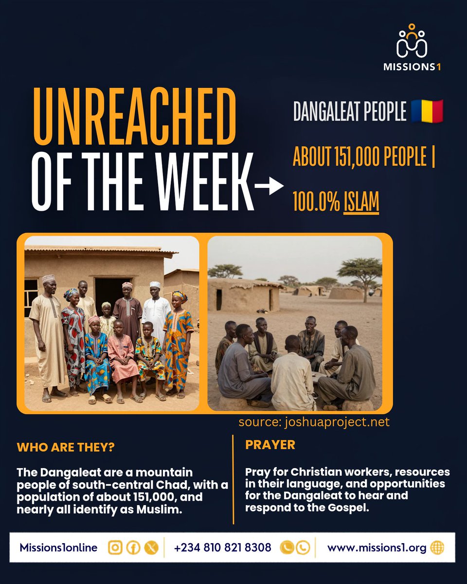 Missions1online's tweet photo. Meet the Dangaleat people of Chad. 🇹🇩

With about 151,000 people and very few followers of Jesus, they are a people in need of the hope of the Gospel. 

Let’s keep them in our prayers for open hearts, faithful workers, and Gospel resources in their own language. 

#Unreached https://t.co/YGPfhpm3F0