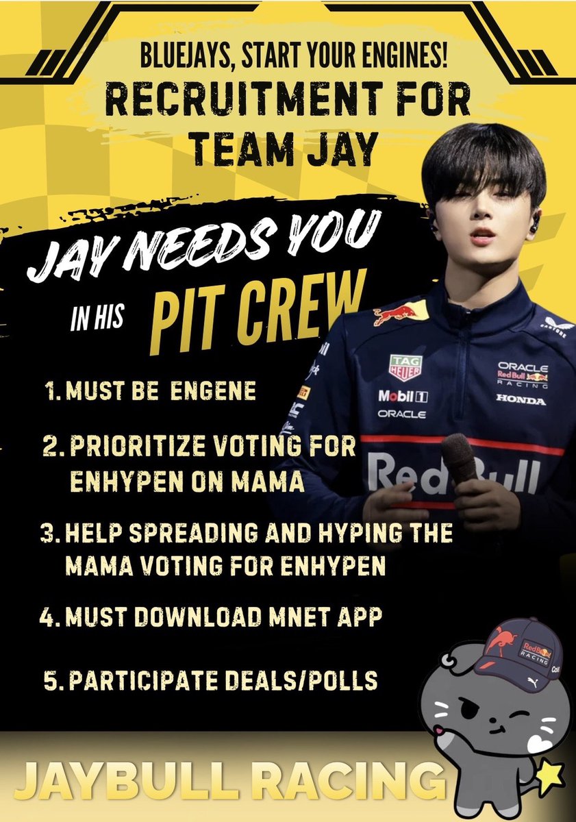 jayhoonsgf's tweet photo. RECRUITMENT IS NOW OPEN AGAIN 🏁

Join the PIT CREW of JAYBULL RACING and help DRIVER JAY race towards P1! 🏎️💨

Want to be part of Team Jay and help us push for the MAMA daesang? 

Comment "💛" below and we’ll guide you through the process!

#EMGP2026 #ENHYPEN #TEAMJAYBULLRACING https://t.co/THf7Axkv3Y