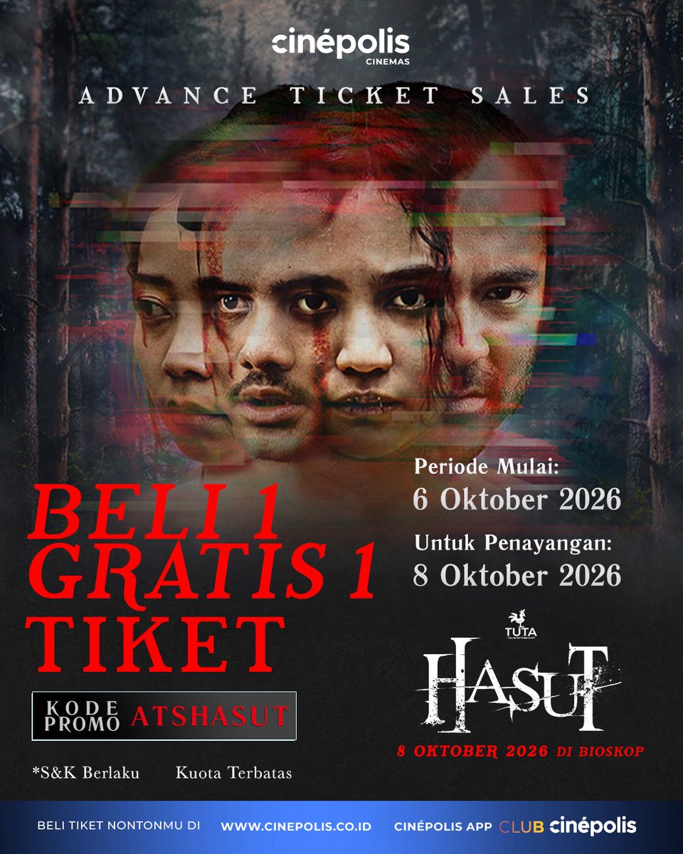 cinepolisID's tweet photo. Ayo beli tiket duluan dan dapatkan promo BELI 1 TIKET GRATIS 1 tiket untuk nonton #Hasut yang tayang mulai 8 Oktober 2026 di Cinépolis Cinemas. 

Gunakan kode promo ATSHASUT dan book tiketmu sekarang di website serta aplikasi Cinépolis Indonesia. 

#Hasut #CinepolisID https://t.co/Aef3fpLbtV