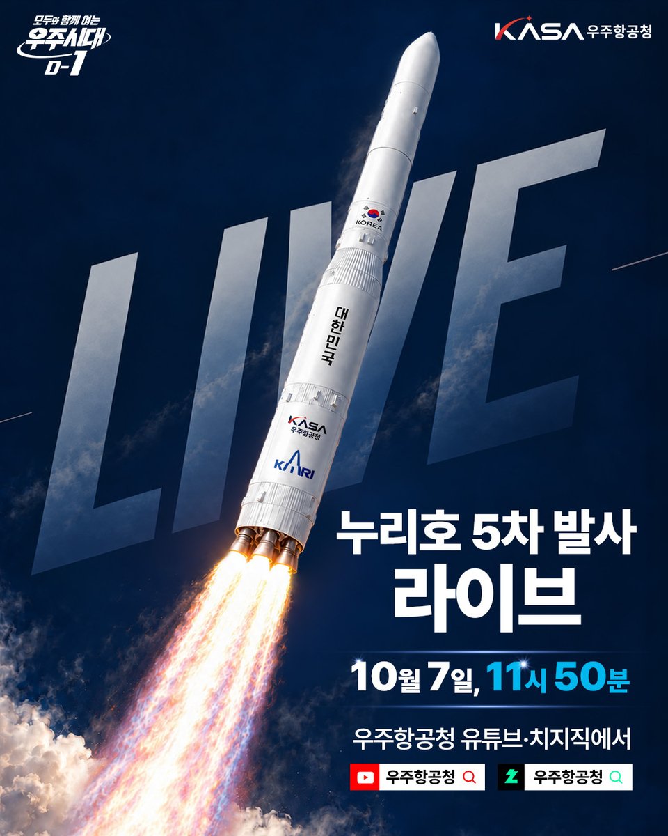 with_KASA's tweet photo. 10월 7일 오전 11시 50분🚀
우주항공청 유튜브·치지직에서
누리호 5차 발사 생중계가 진행됩니다!

우주항공청 유튜브와 치지직을 구독하고
누리호의 다섯 번째 비행을 함께 응원해 주세요!✨

#우주항공청 #KASA #누리호 #누리호5차 #누리호5차생중계 #10월7일 https://t.co/l65hRFC41h