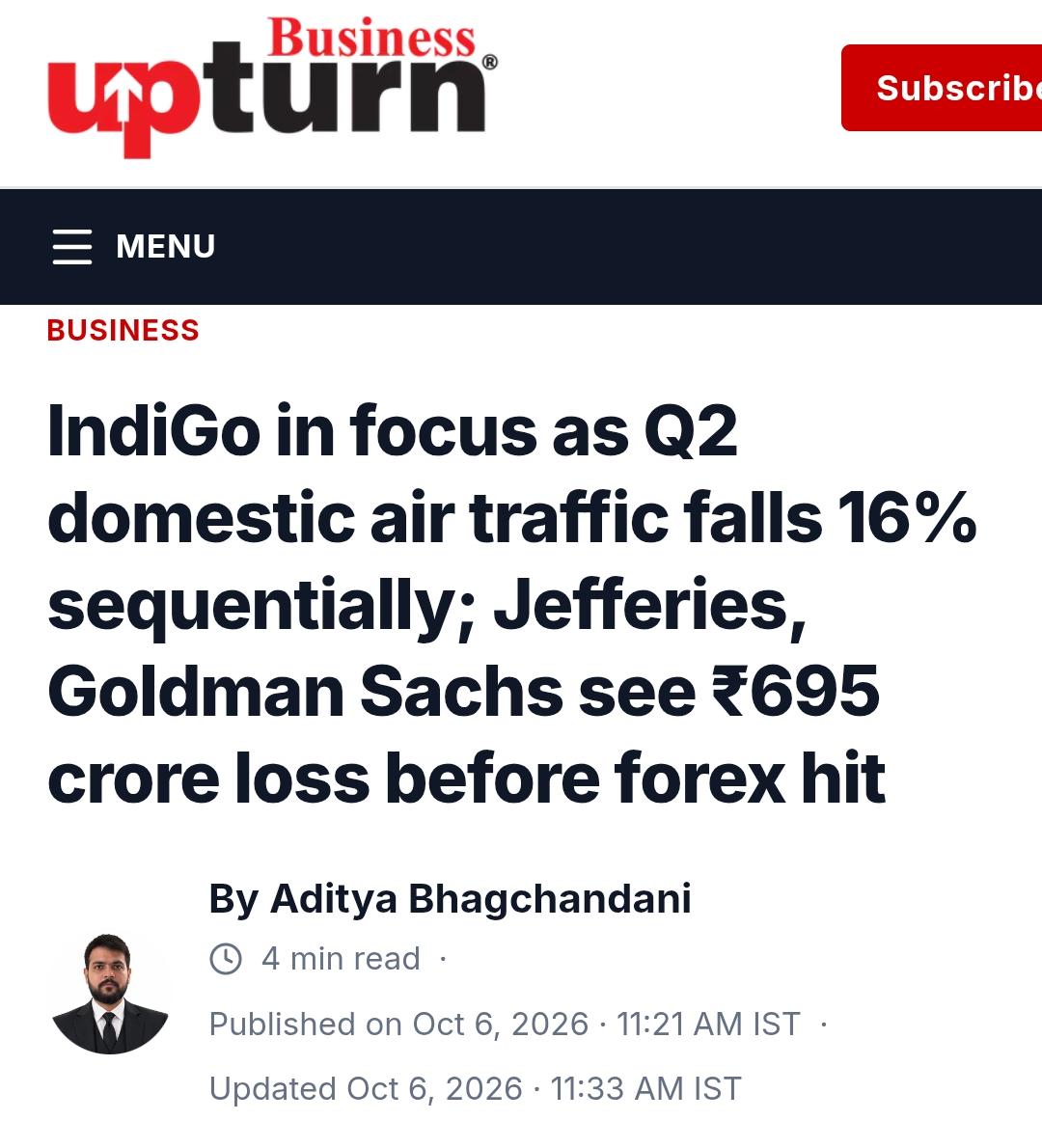 MeghUpdates's tweet photo. 🚨BREAKING: 68 Lakh passengers gone in one quarter. India’s biggest airline is already being marked for a loss.

Domestic air traffic in Q2FY27 stood at 3.67 crore passengers, against 4.35 crore in Q1FY27 and 3.89 crore in Q2FY26. That is a 16% sequential crash and a 6% fall year on year the sharpest quarterly drop in at least five years. 

Jefferies and Goldman Sachs see IndiGo’s Q2 net loss, before forex, at about Rs.695 crore. Forex hit on top: roughly ₹1,000 crore.

Market leader. Empty seats. Costs that do not fall with traffic. The Q2 print is the test.