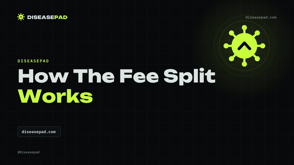 Diseasepad's tweet photo. How creator fees work on Diseasepad: every coin's fees split 50/50 on-chain at launch. Half goes to a pharma-stock treasury, half to a charity treasury. The split is locked at launch, and we can't change it afterwards.

https://t.co/zqheABZD1X https://t.co/nxl4pZrhSW