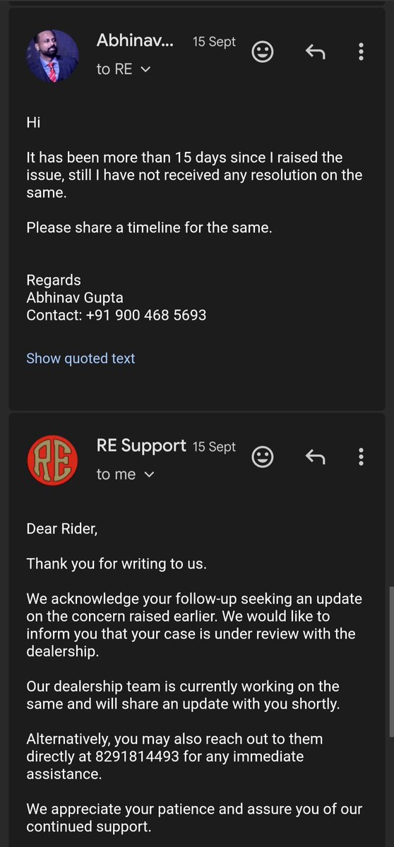 abhinav1402's tweet photo. Different days, different asks, same NON-response from #royalenfield customer support team. After waiting for more than a month, post raising query, still no resolution. #bad #CustomerExperience
@royalenfield #BGovindarajan #SiddharthaLal https://t.co/V1RfCLOhVK