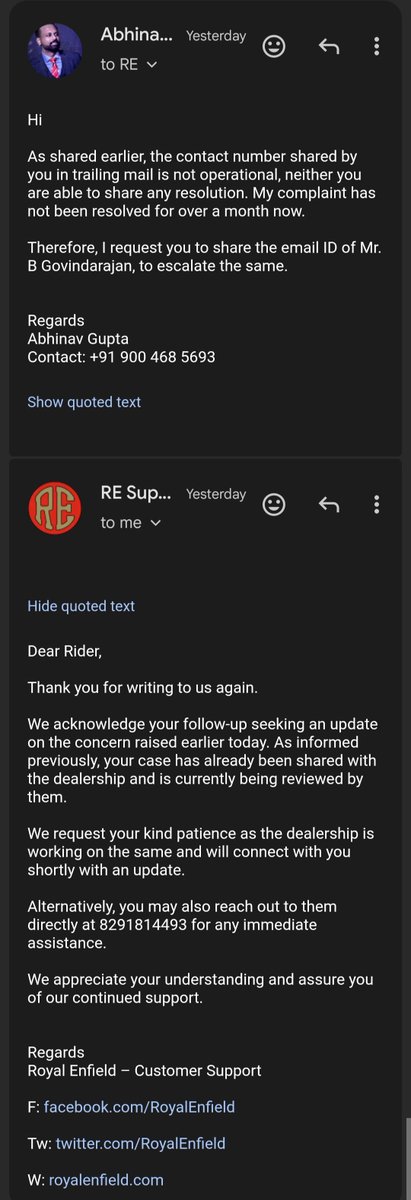 abhinav1402's tweet photo. Different days, different asks, same NON-response from #royalenfield customer support team. After waiting for more than a month, post raising query, still no resolution. #bad #CustomerExperience
@royalenfield #BGovindarajan #SiddharthaLal https://t.co/V1RfCLOhVK