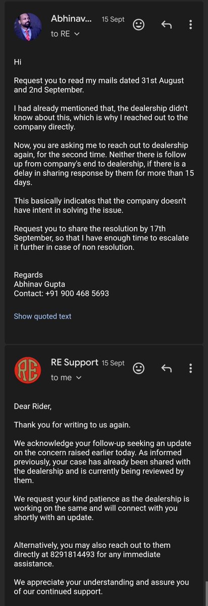 abhinav1402's tweet photo. Different days, different asks, same NON-response from #royalenfield customer support team. After waiting for more than a month, post raising query, still no resolution. #bad #CustomerExperience
@royalenfield #BGovindarajan #SiddharthaLal https://t.co/V1RfCLOhVK