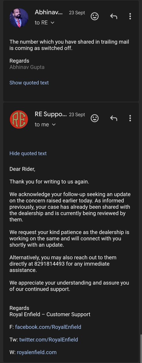 abhinav1402's tweet photo. Different days, different asks, same NON-response from #royalenfield customer support team. After waiting for more than a month, post raising query, still no resolution. #bad #CustomerExperience
@royalenfield #BGovindarajan #SiddharthaLal https://t.co/V1RfCLOhVK