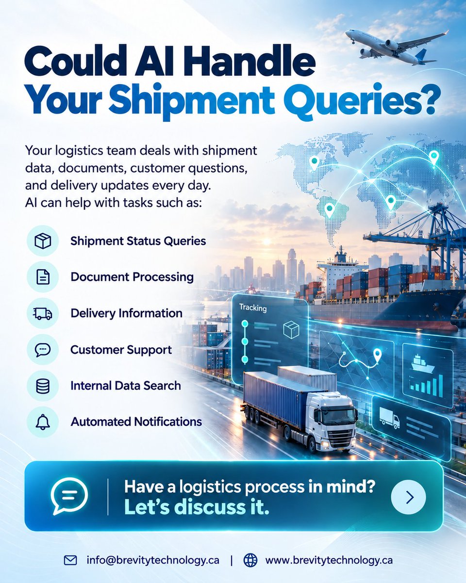 BrevityTech22's tweet photo. 🤖 AI can help businesses handle common queries, find information, process documents, and send updates automatically.
🗓️ Need assistance? Book a free consultation now: https://t.co/ypmxrCj9V6
#LogisticsAI #SupplyChainTechnology #ShipmentTracking #LogisticsAutomation #Brevity https://t.co/QSps9GinfI