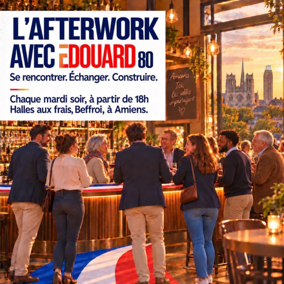 steph_descombes's tweet photo. Et si nous prenions simplement le temps de nous rencontrer et d’échanger ?

Chaque mardi, à partir de 18h, retrouvons-nous pour l’Afterwork Avec Édouard 80, aux Halles d’Amiens, Beffroi à Amiens.

Un rendez-vous ouvert et convivial pour faire connaissance, partager librement nos idées, débattre de l’avenir de notre pays et construire ensemble autour de la candidature d’Édouard Philippe.

Que vous soyez déjà engagé, sympathisant ou simplement curieux de découvrir notre démarche, vous êtes le bienvenu !

📅 Chaque mardi soir
🕕 À partir de 18h
📍 Les Halles d’Amiens – Beffroi, Amiens

Se rencontrer. Échanger. Construire.

#AvecEdouard #AvecEdouard80 #EdouardPhilippe #Amiens #Somme #Afterwork #Rencontre #Echange #Engagement #PolitiqueAutrement #ConstruireEnsemble