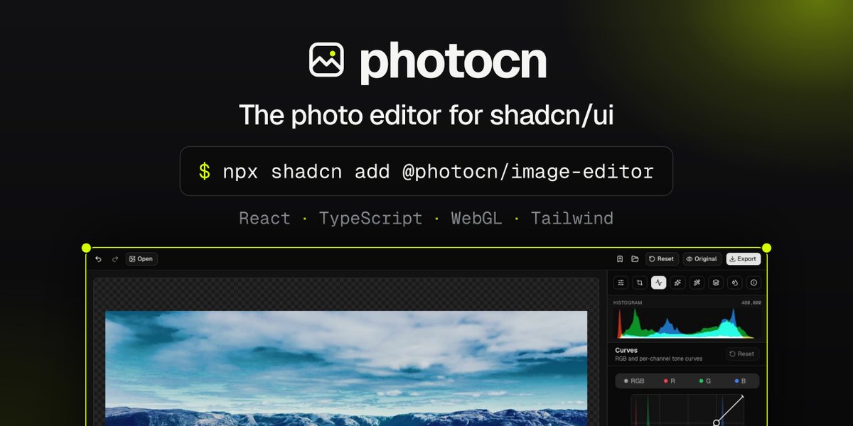 rbbydotdev's tweet photo. introducing photocn 
free &amp; open source minimal composable shadcn photo editor https://t.co/CCW6VNfUjn