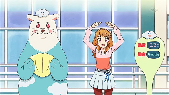 An anime-style illustration shows a girl with orange hair posing with her hands up in a circle shape next to a large blue and white bear-like creature with a cloud on its head, alongside a weather indicator showing temperature 10.2°C and humidity 43.0%.