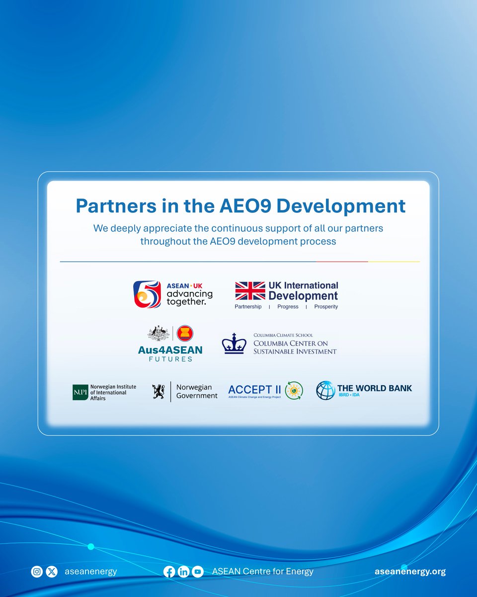 aseanenergy's tweet photo. Join the Public Launching of AEO9 and the High-Level Plenary Session at AEBF-26.
Thursday, 8 October 2026
14:15-15:30
Philippine International Convention Center (PICC), Manila
#AE09 #AEBF26 #PoweringASEAN #EnergyTransition #ASEANUKGTF #UKASEAN5 #AdvancingTogether https://t.co/dMzesGAuPB
