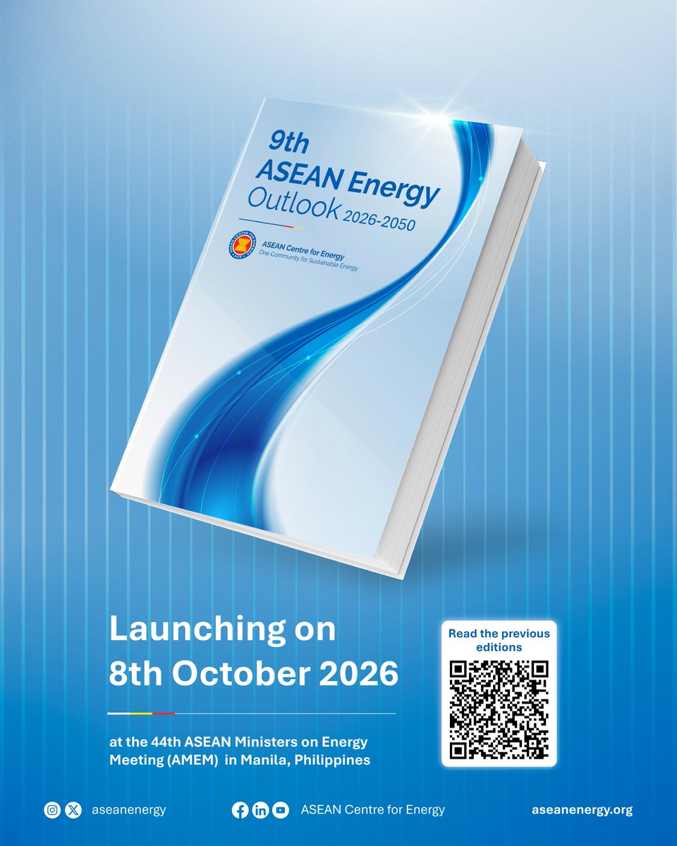 aseanenergy's tweet photo. Join the Public Launching of AEO9 and the High-Level Plenary Session at AEBF-26.
Thursday, 8 October 2026
14:15-15:30
Philippine International Convention Center (PICC), Manila
#AE09 #AEBF26 #PoweringASEAN #EnergyTransition #ASEANUKGTF #UKASEAN5 #AdvancingTogether https://t.co/dMzesGAuPB