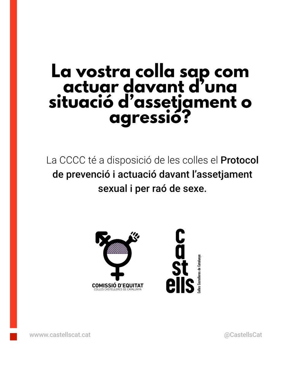 CastellsCat's tweet photo. Aquesta setmana a #reCCCCursos: protocol de prevenció i actuació davant l’assetjament sexual i per raó de sexe.

👉🏽 Les colles el podeu consultar a la Intranet de la CCCC.

📅 I reserveu-vos la data: 28 de novembre, Jornada d’Equitat de la CCCC!

#castells https://t.co/84z1y2YaSF