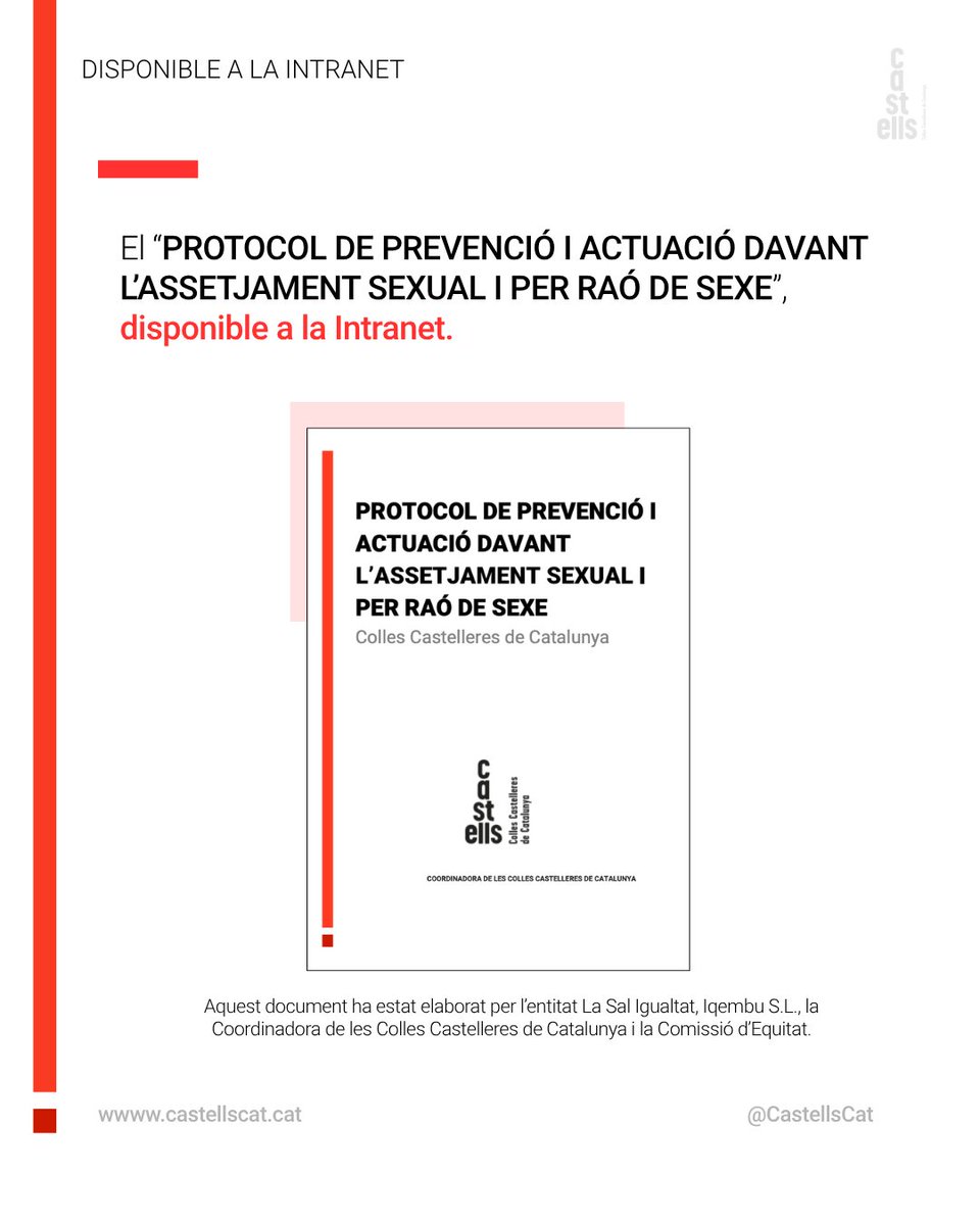 CastellsCat's tweet photo. Aquesta setmana a #reCCCCursos: protocol de prevenció i actuació davant l’assetjament sexual i per raó de sexe.

👉🏽 Les colles el podeu consultar a la Intranet de la CCCC.

📅 I reserveu-vos la data: 28 de novembre, Jornada d’Equitat de la CCCC!

#castells https://t.co/84z1y2YaSF