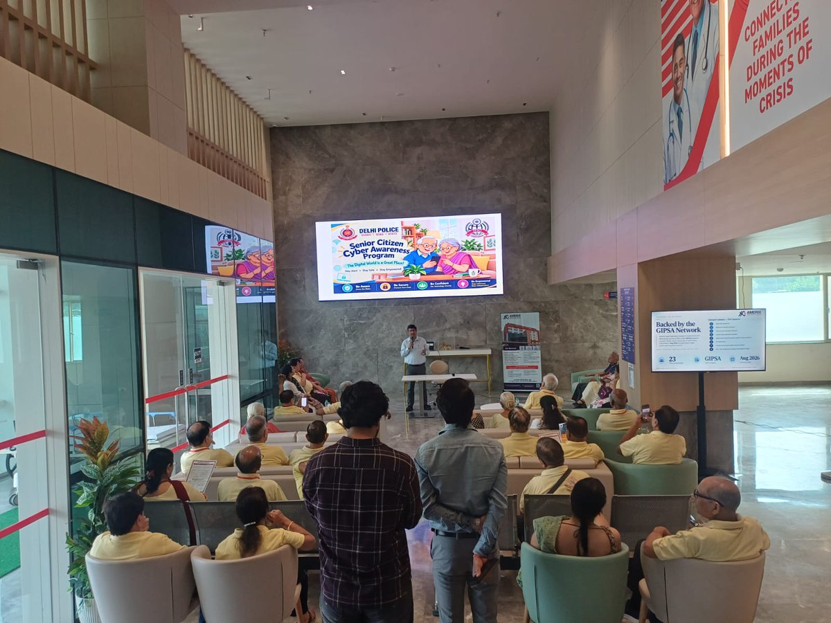 DCP_IFSO's tweet photo. Stay safe online: empower our seniors

#IFSO recently hosted a Cyber Crime Awareness Program at Amrix Hospital in Dwarka Sector-19, Delhi, with 100 senior citizens eager to learn about online safety. The session highlighted common cyber frauds and essential preventive measures. https://t.co/6f3ZezpYb5