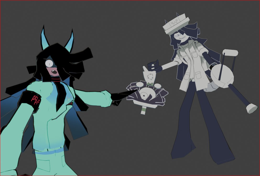 themaskbutler's tweet photo. Silly poses for the silly broomire trio

#latenighturbanlegends #fpe #3D #funny #blender #vrchat #art #cute #silly https://t.co/YtW3WDubi6