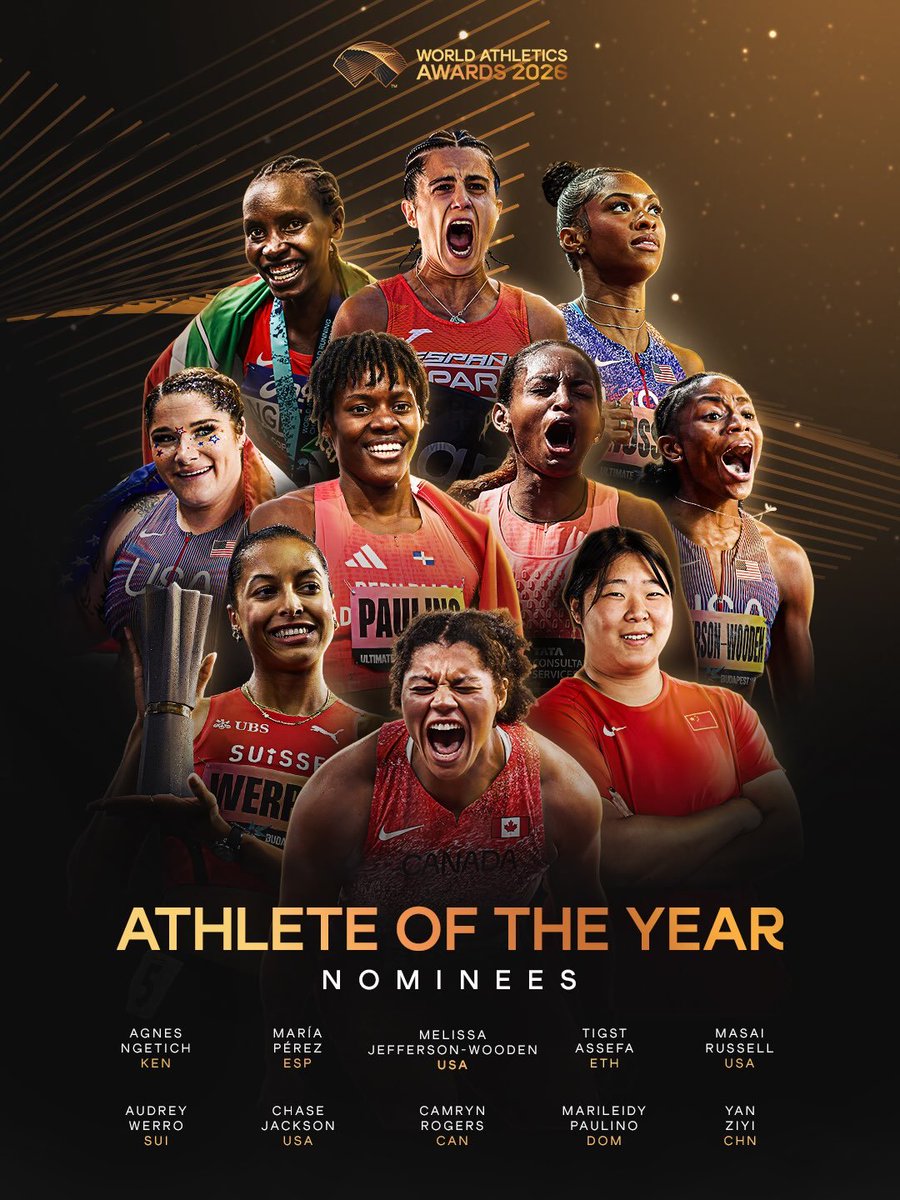 TrackGazette's tweet photo. WHO IS YOUR PICK? 👀

The nominees for the World Athletics Female Athlete of the Year Award are:

🇰🇪 Agnes Ngetich – 10 km/Half Marathon
🇪🇸 María Pérez – 20 km/35 km Race Walk
🇺🇸 Melissa Jefferson-Wooden – 100m/200m
🇪🇹 Tigst Assefa – Marathon
🇺🇸 Masai Russell – 100mH
🇨🇭 Audrey Werro – 800m
🇺🇸 Chase Jackson – Shot Put
🇨🇦 Camryn Rogers – Hammer Throw
🇩🇴 Marileidy Paulino – 400m
🇨🇳 Yan Ziyi – Javelin Throw

📸 @WorldAthletics