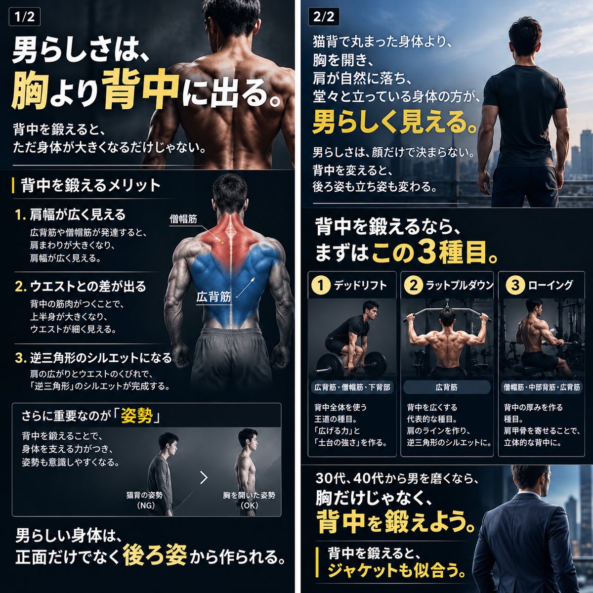 kenmigaki's tweet photo. 男らしさは、胸より背中に出る。

背中を鍛えると、
肩幅が広く見え、ウエストとの差が出る。

姿勢も整いやすくなり、
立ち姿が堂々とする。

さらに、これからの季節は
ジャケットも似合いやすくなる。

背中を鍛えるなら、

・デッドリフト
・ラットプルダウン
・ローイング

30代、40代から男を磨くなら、
胸だけじゃなく背中を鍛えよう。