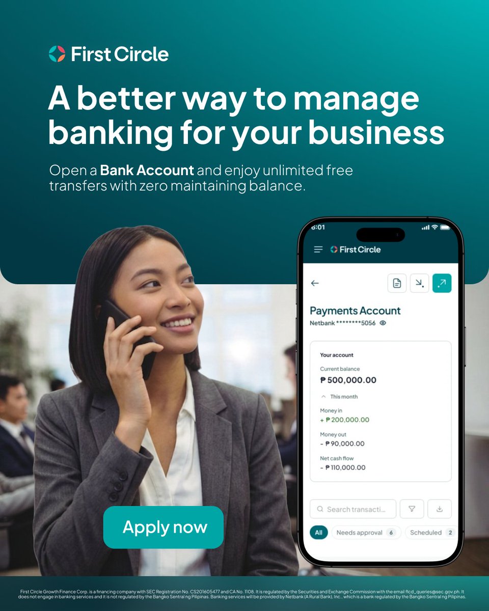 firstcircleph's tweet photo. Juggling payments across different accounts?

With a First Circle Bank Account, you can manage all your business transactions in one place, with unlimited free transfers and zero maintaining balance.

Apply now at:  https://t.co/Nllhbin5Z8 

First Circle Growth Finance Corp. is a financing company with SEC Registration No. CS201605477 and CA No. 1108. It is regulated by the Securities and Exchange Commission with the email flcd_queries@sec.gov.ph. For any questions, you may reach out to support@firstcircle.com. It does not engage in banking services and it is not regulated by the Bangko Sentral ng Pilipinas. Services will be provided by Netbank (A Rural Bank), http://Inc., which is a bank regulated by the Bangko Sentral ng Pilipinas.