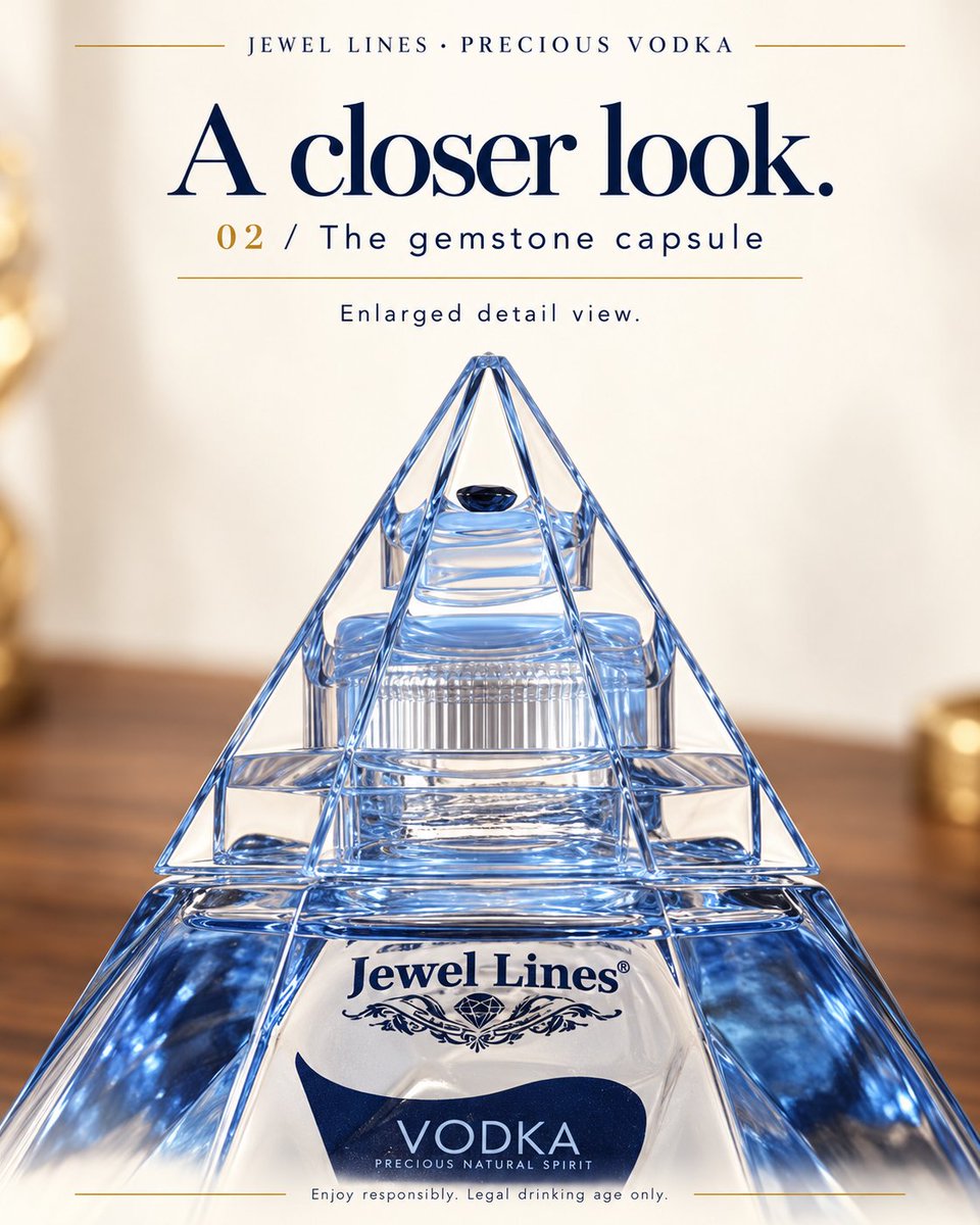 WitoldWpopiel's tweet photo. Meet Precious in three details.

The diamond-shaped bottle.
The transparent, pointed cap revealing the gemstone capsule.
The presentation box.
A closer look at Jewel Lines Precious Vodka, from silhouette to presentation.
Explore the details across the images.

#JewelLines #PreciousVodka #BottleDesign

Enjoy responsibly. Legal drinking age only.