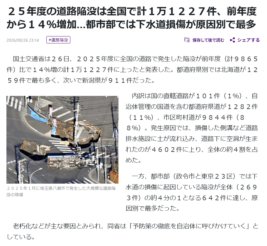 momotro018's tweet photo. 道路陥没が1年で1.1万件も起きている。 日本全国で1時間ごとに道路陥没している計算になる。 簗和生のような腐れ自民党議員が選挙の都合で予算を「私物化」してきた結果がこのザマだ。 自民党こそが日本の癌であり売国奴。 https://t.co/6A8F6kxE3U