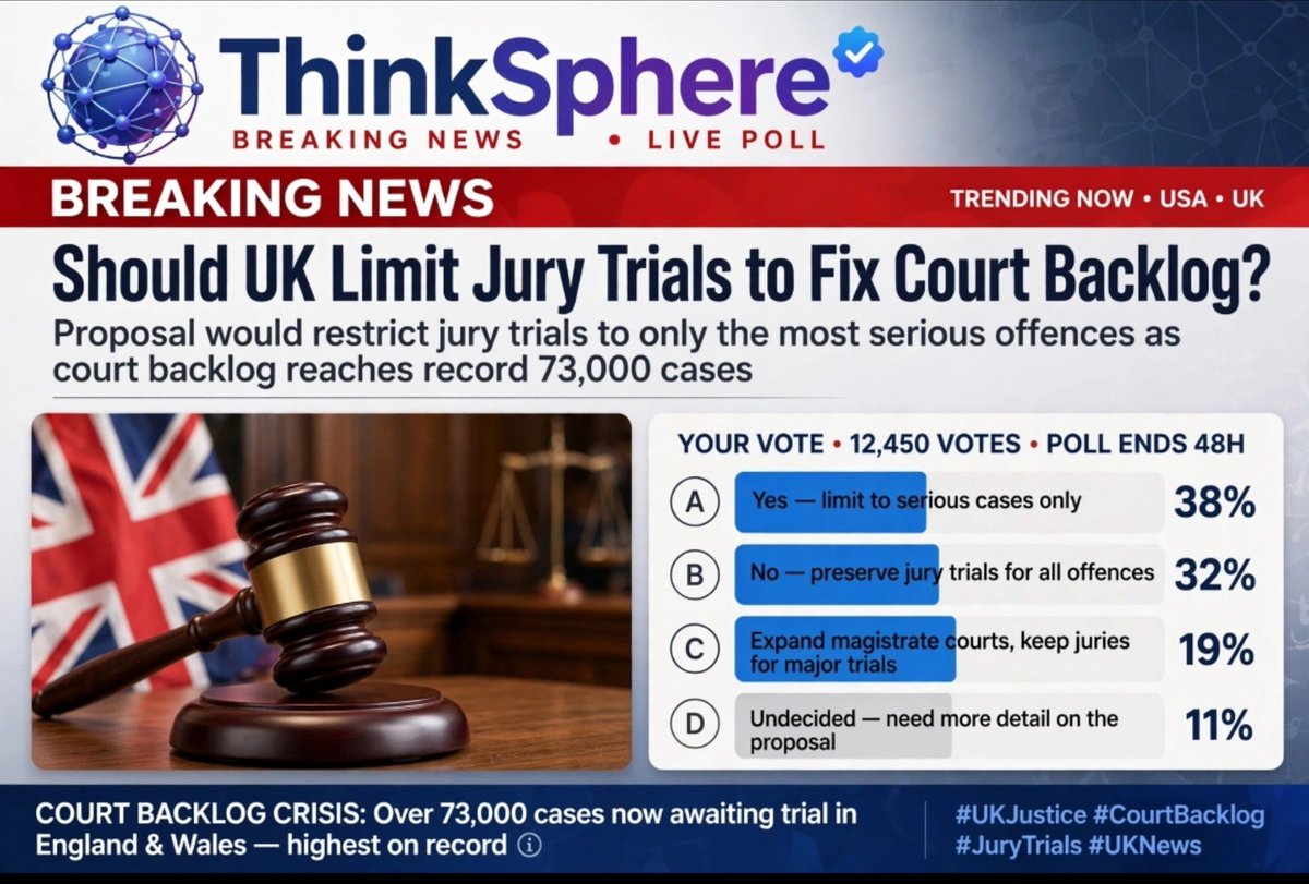 thinkspherehq's tweet photo. What's YOUR verdict? A, B, C or D? Comment below 👇

THINK. VOTE. DEBATE. Follow @ThinkSphere for daily USA &amp; UK trending polls.

#UKJustice #CourtBacklog #JuryTrials #UKNews #BreakingNews #ThinkSphere #UKPolitics #JusticeReform #ViralPol https://t.co/XcReTMhZls
